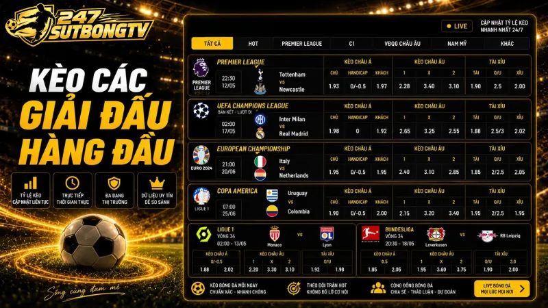 Sutbongtv cập nhật liên tục tỷ lệ kèo bóng đá từ các đấu trường hàng đầu thế giới như Ngoại hạng Anh và Cúp C1 (Champions League)